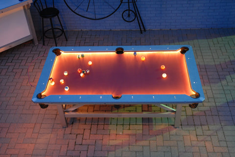 Outdoor 8 Ball Commercial Pool Table Night Time View Burgundy Surface